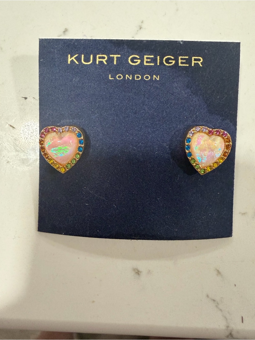 Kurt Geiger Pink Opal Heart Stud Earrings with Rainbow Crystal Halo - Picture 1 of 2
